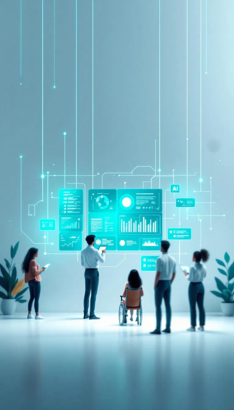 Illustration showing AI-powered tools helping NDIS providers automate reporting, gain insights, and streamline operations for better service delivery